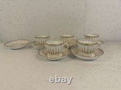 Antique Likely English Porcelain Set 5 Cups & Saucers with Blue Dots & Gold Dec