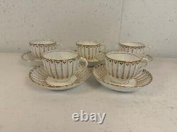 Antique Likely English Porcelain Set 5 Cups & Saucers with Blue Dots & Gold Dec