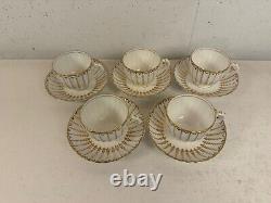 Antique Likely English Porcelain Set 5 Cups & Saucers with Blue Dots & Gold Dec