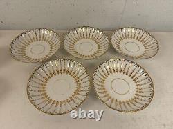 Antique Likely English Porcelain Set 5 Cups & Saucers with Blue Dots & Gold Dec