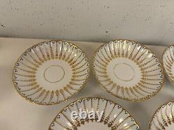 Antique Likely English Porcelain Set 5 Cups & Saucers with Blue Dots & Gold Dec