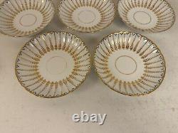 Antique Likely English Porcelain Set 5 Cups & Saucers with Blue Dots & Gold Dec