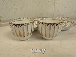 Antique Likely English Porcelain Set 5 Cups & Saucers with Blue Dots & Gold Dec