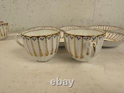 Antique Likely English Porcelain Set 5 Cups & Saucers with Blue Dots & Gold Dec