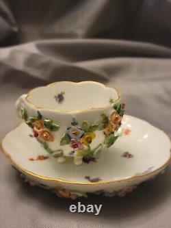 Antique Meissen Cup & Saucer set C1870 Applied flowers