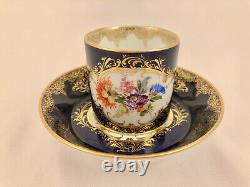 Antique Meissen Demitasse Cup & Saucer, Hand Painted Floral, Cobalt Blue