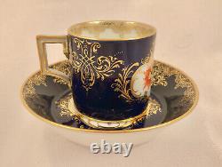 Antique Meissen Demitasse Cup & Saucer, Hand Painted Floral, Cobalt Blue