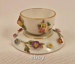 Antique Meissen Miniature Cup & Saucer, Encrusted Flowers