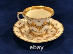Antique Meissen Porcelain B FORM White/Gold WithFlowers CUP & SAUCER SET NICE