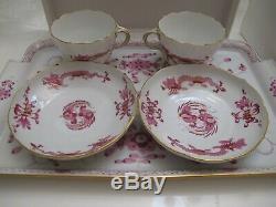 Antique Meissen Purple Indian Porcelain Set Of Tray And 2 Large Tea Cups/saucers