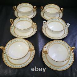 Antique Minton 19th C 6 Gold Encrusted Jeweled Bouillon Cups And Saucers Set HTF