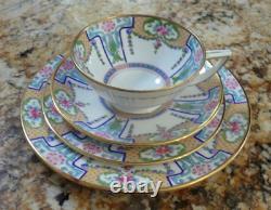 Antique Minton 4 Piece Cup & Saucer 2 Plates Blue Enamel Pink Roses England