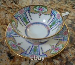 Antique Minton 4 Piece Cup & Saucer 2 Plates Blue Enamel Pink Roses England