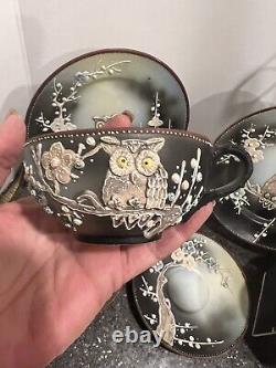 Antique Nippon Heavy Moriage Owl Tea Cup Saucer And Plates Set Of 7