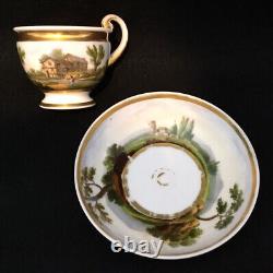 Antique Old Paris Cup and Saucer HP Villa, Castle, Mill, Leisure Scenery 18th c