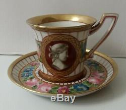 Antique Old Paris or German Porcelain Cup and Saucer with Profile Portrait Cameo
