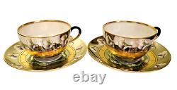 Antique Pickard Hand Painted Set Of 2 Cups & Saucers Signed By Artist