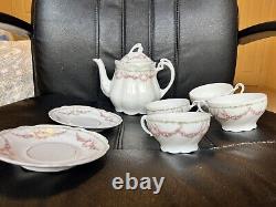 Antique Porcelain Scalloped Tea pot Saucer Cup Set Intertwined Rose- KPM Germany