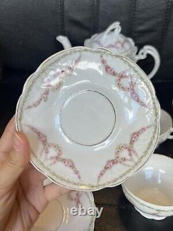 Antique Porcelain Scalloped Tea pot Saucer Cup Set Intertwined Rose- KPM Germany