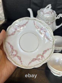 Antique Porcelain Scalloped Tea pot Saucer Cup Set Intertwined Rose- KPM Germany