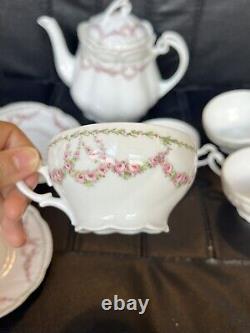 Antique Porcelain Scalloped Tea pot Saucer Cup Set Intertwined Rose- KPM Germany