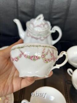 Antique Porcelain Scalloped Tea pot Saucer Cup Set Intertwined Rose- KPM Germany