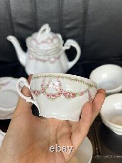 Antique Porcelain Scalloped Tea pot Saucer Cup Set Intertwined Rose- KPM Germany