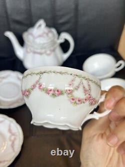 Antique Porcelain Scalloped Tea pot Saucer Cup Set Intertwined Rose- KPM Germany