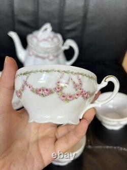 Antique Porcelain Scalloped Tea pot Saucer Cup Set Intertwined Rose- KPM Germany