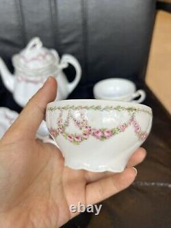 Antique Porcelain Scalloped Tea pot Saucer Cup Set Intertwined Rose- KPM Germany