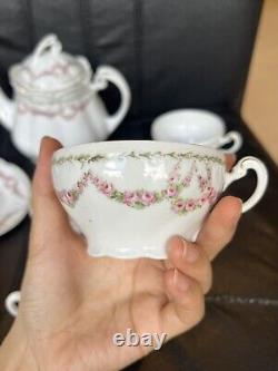 Antique Porcelain Scalloped Tea pot Saucer Cup Set Intertwined Rose- KPM Germany