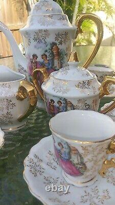 Antique Porcelain Tea Demitasse Set for 6. Hand Painted. Gold Trim. 17Pcs EXC