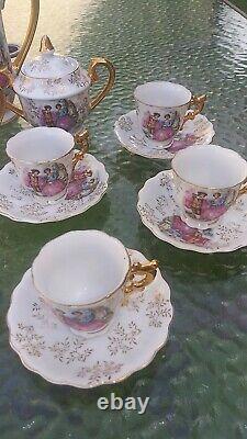 Antique Porcelain Tea Demitasse Set for 6. Hand Painted. Gold Trim. 17Pcs EXC