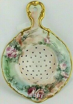 Antique Porcelain Tea Strainer Handpainted Roses & Gold Signed K. Maker Unknown