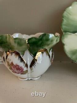 Antique RS Prussia handprinted Cabbage leaf, Roses Gilded cup/saucer