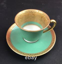 Antique Rouard Limoges France Cup Saucer. Pompadour Green Double Incrusted Gold