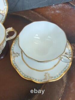 Antique Royal Crown Derby Lombardy Jeweled Cup And Saucer Set Of Four Ruffle
