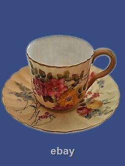 Antique Royal Worcester Demitasse Cup & Saucer, Floral Design, Perfect