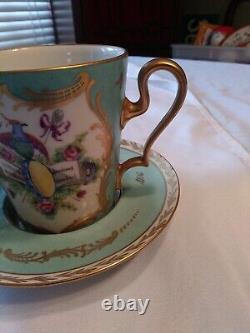 Antique SEVRES porcelain 2 Handles CHOCOLATE CUP/SAUCER Hand Painted READ