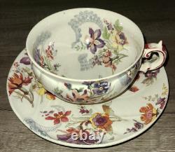 Antique Sarreguemines Lavalliere floral faience cup & saucer set, France