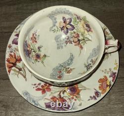 Antique Sarreguemines Lavalliere floral faience cup & saucer set, France