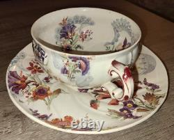 Antique Sarreguemines Lavalliere floral faience cup & saucer set, France