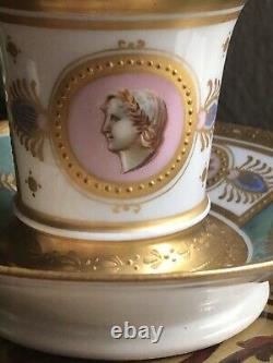 Antique Sevres French Set Gold Napoleonic Roman Intaglio 4 Cups & Saucers