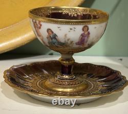 Antique Wehsner Dresden Hand Painted Cherubs Purple Sherbet Cup & Saucer c. 1895