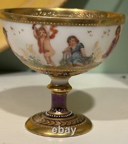 Antique Wehsner Dresden Hand Painted Cherubs Purple Sherbet Cup & Saucer c. 1895