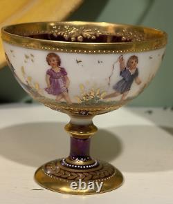 Antique Wehsner Dresden Hand Painted Cherubs Purple Sherbet Cup & Saucer c. 1895