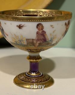 Antique Wehsner Dresden Hand Painted Cherubs Purple Sherbet Cup & Saucer c. 1895