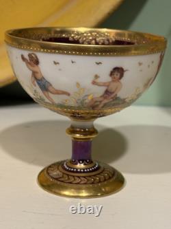 Antique Wehsner Dresden Hand Painted Cherubs Purple Sherbet Cup & Saucer c. 1895