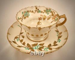 Antique Willets American Belleek Tea Cup & Saucer, Enameled Flowers