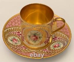 Antique porcelain Limoges coffee cup and saucer, decorated with hand painted flo